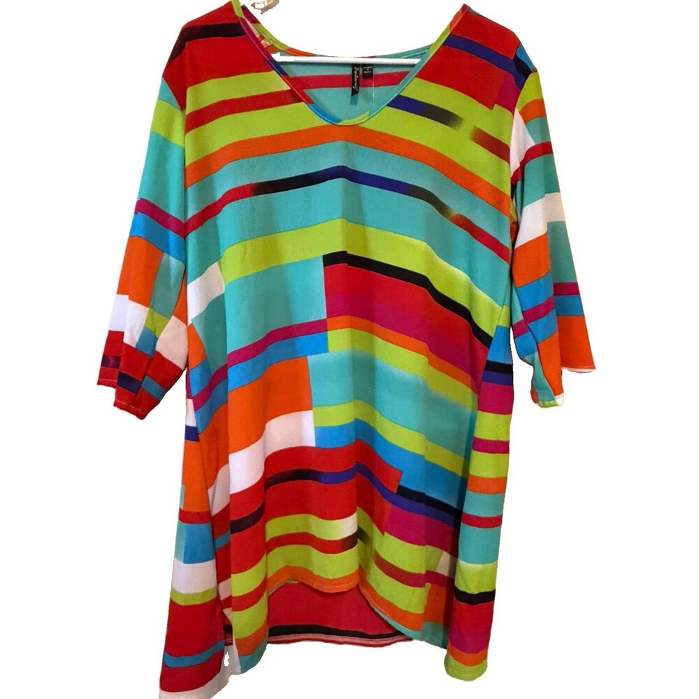 Portocruz Womens L Multicolor Striped V-Neck 3/4 Sleeve Swim Cover Up